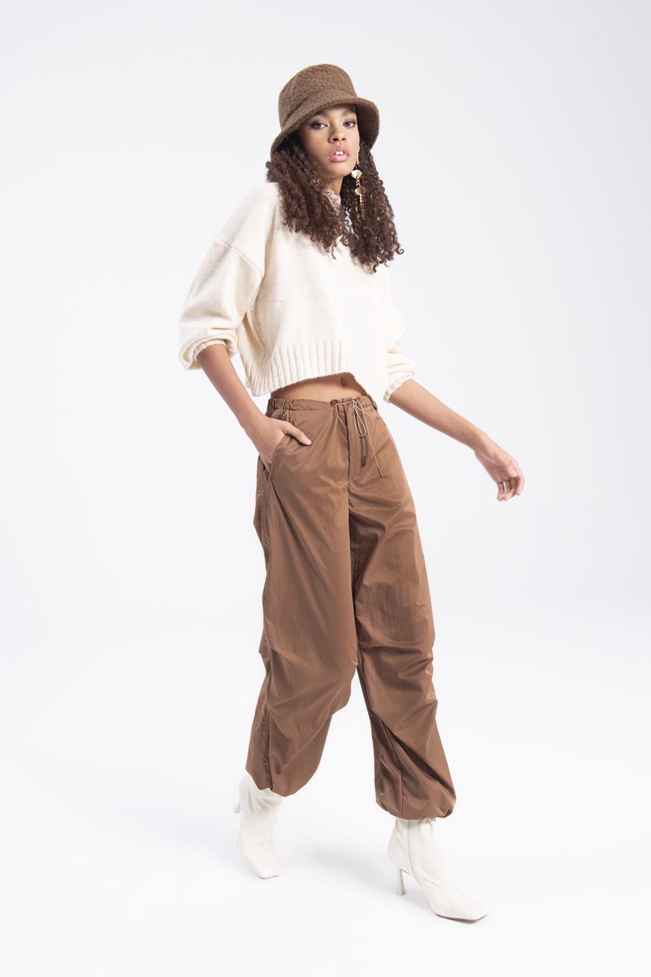 Bayan Kahverengi Düşük Bel Paraşüt Kargo Pantolon