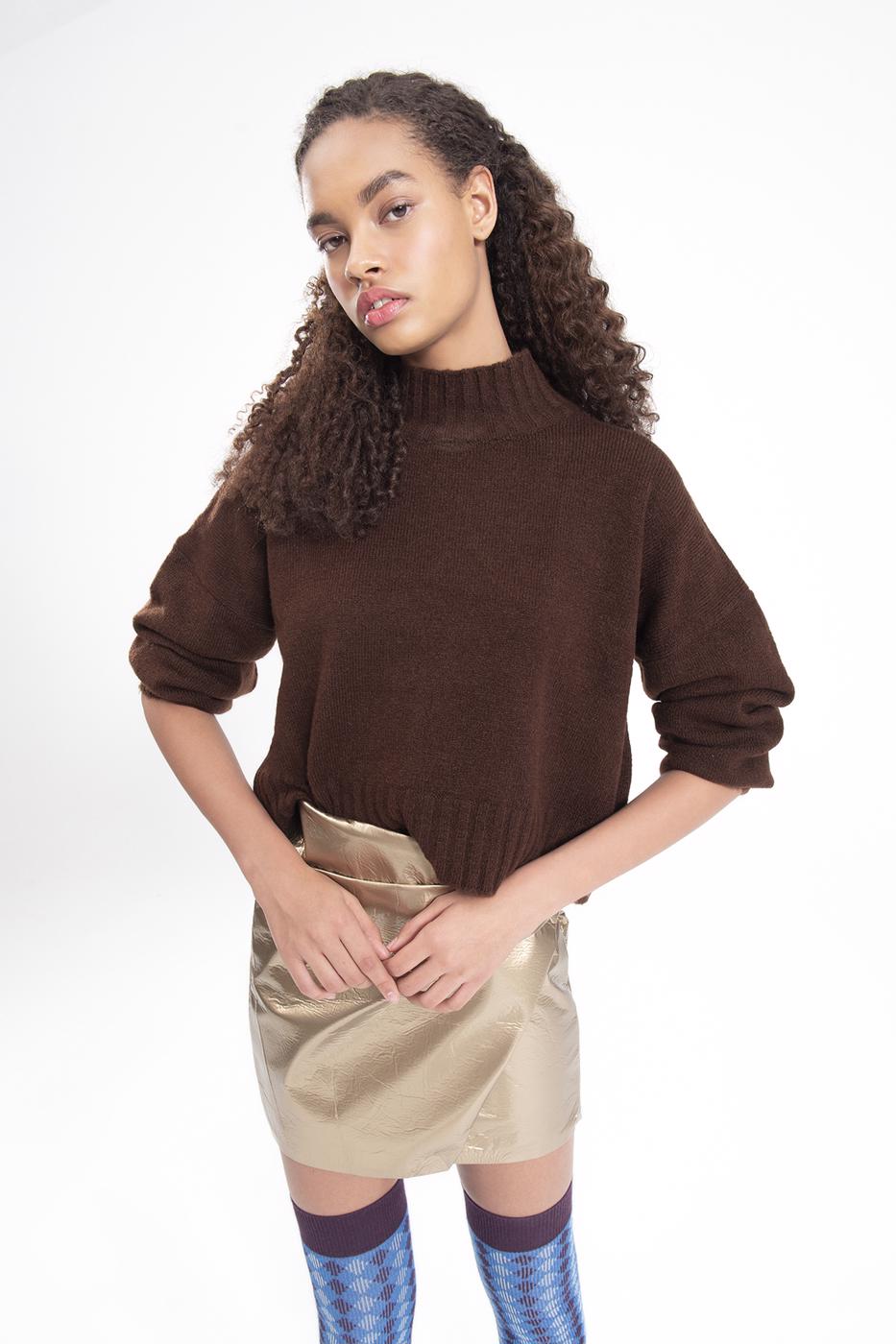 Bayan Kahverengi Yarı Balıkçı yaka Triko Kazak