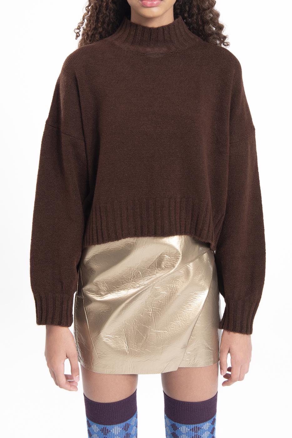 Bayan Kahverengi Yarı Balıkçı yaka Triko Kazak