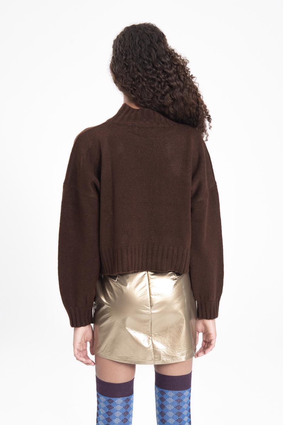 Bayan Kahverengi Yarı Balıkçı yaka Triko Kazak