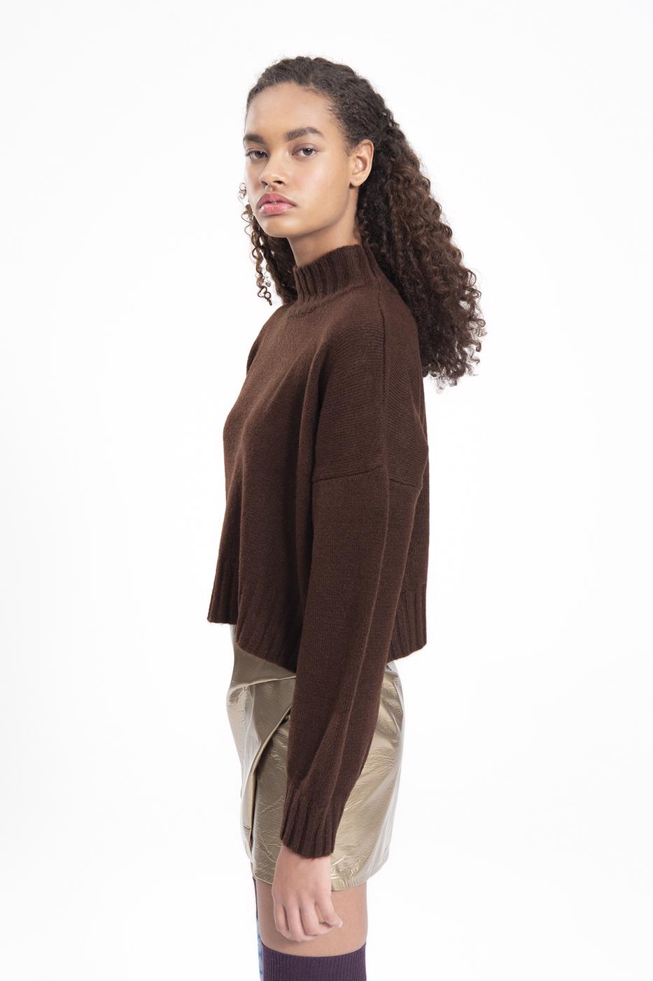 Bayan Kahverengi Yarı Balıkçı yaka Triko Kazak