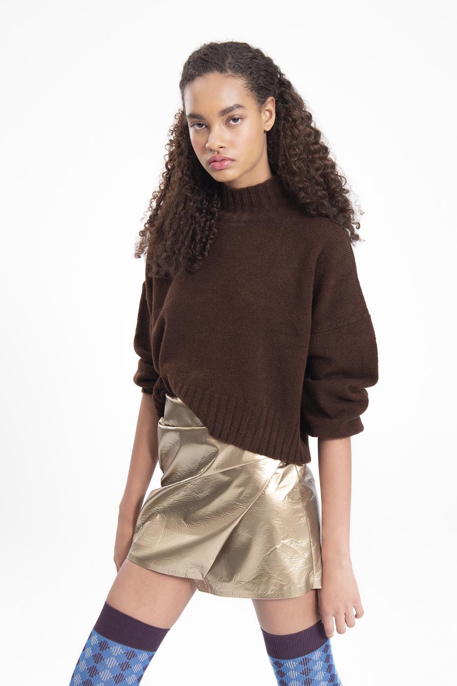 Bayan Kahverengi Yarı Balıkçı yaka Triko Kazak