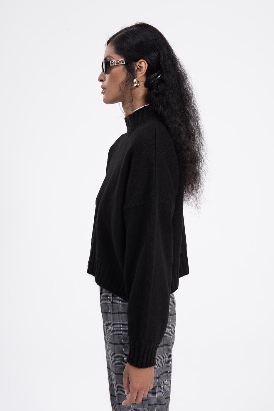 Bayan Siyah Yarı Balıkçı yaka Triko Kazak