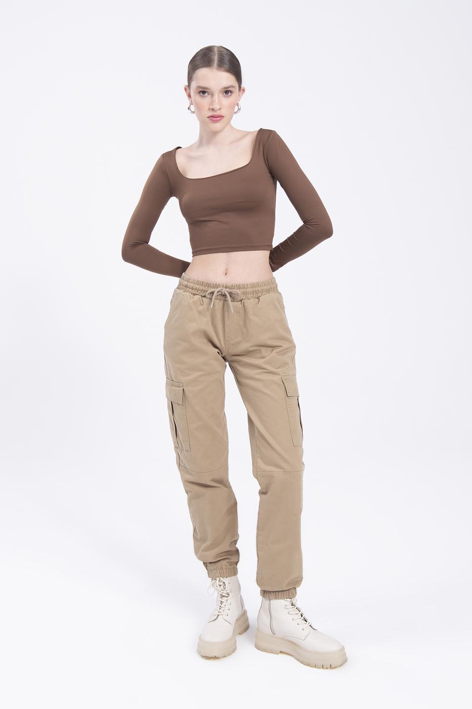 Bayan Bej Düşük Bel Kargo Cep Pantolon