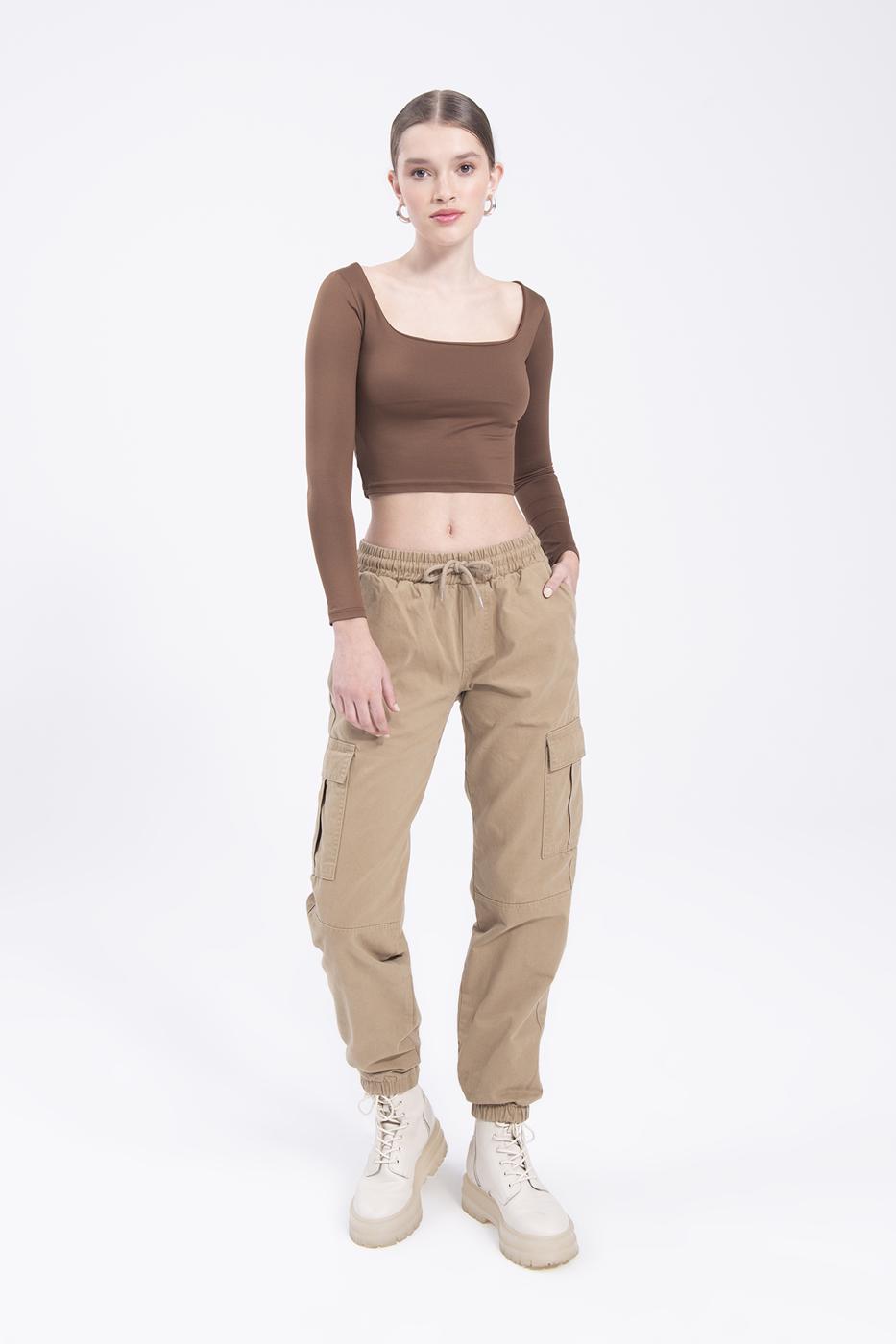 Bayan Bej Düşük Bel Kargo Cep Pantolon
