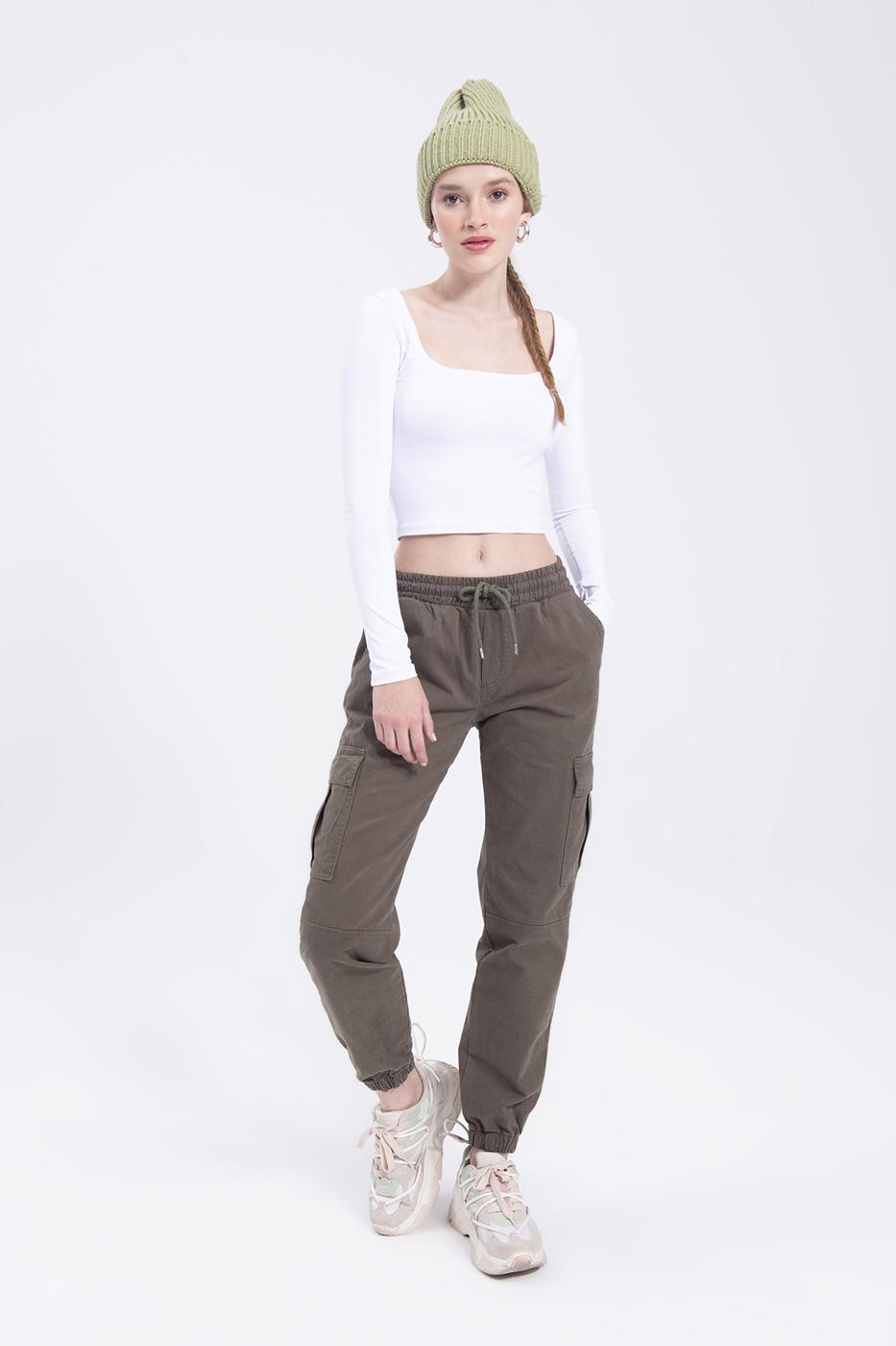 Bayan Haki Düşük Bel Kargo Cep Pantolon
