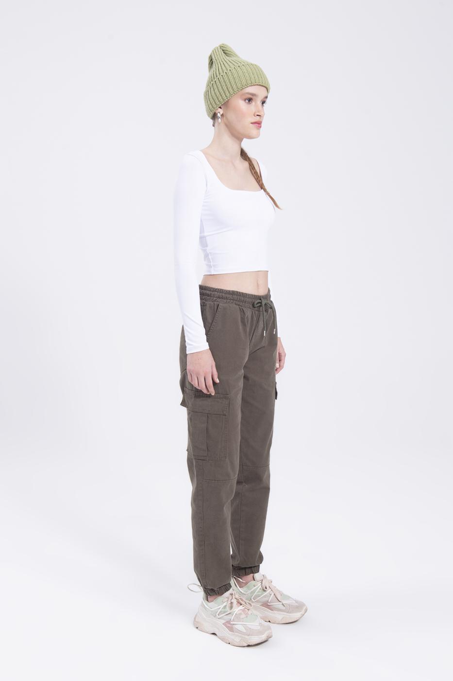 Bayan Haki Düşük Bel Kargo Cep Pantolon