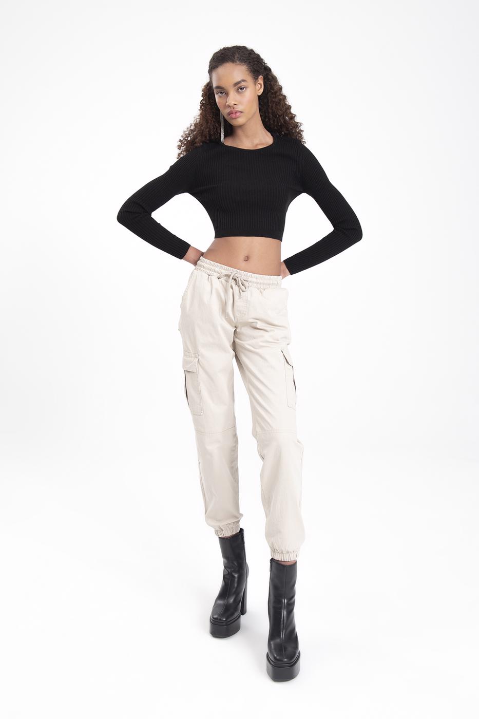Bayan Taş Düşük Bel Kargo Cep Pantolon