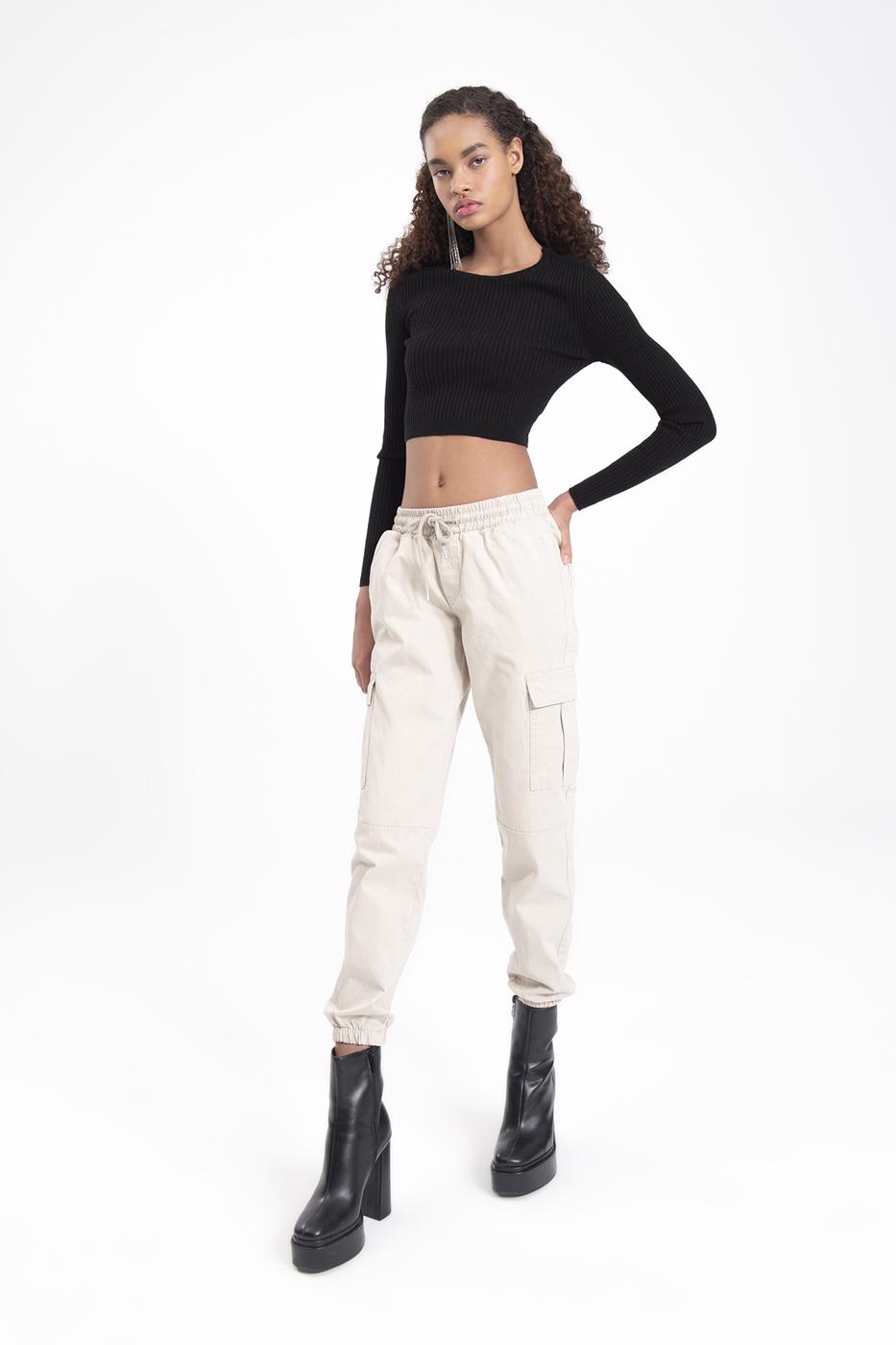Bayan Taş Düşük Bel Kargo Cep Pantolon
