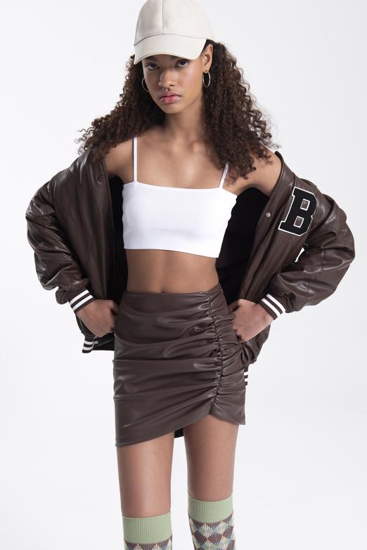 Bayan Kahverengi Drapeli Suni Deri Mini Etek - BSL