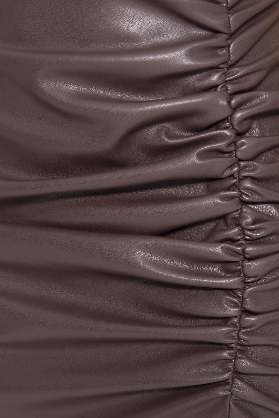 Bayan Kahverengi Drapeli Suni Deri Mini Etek