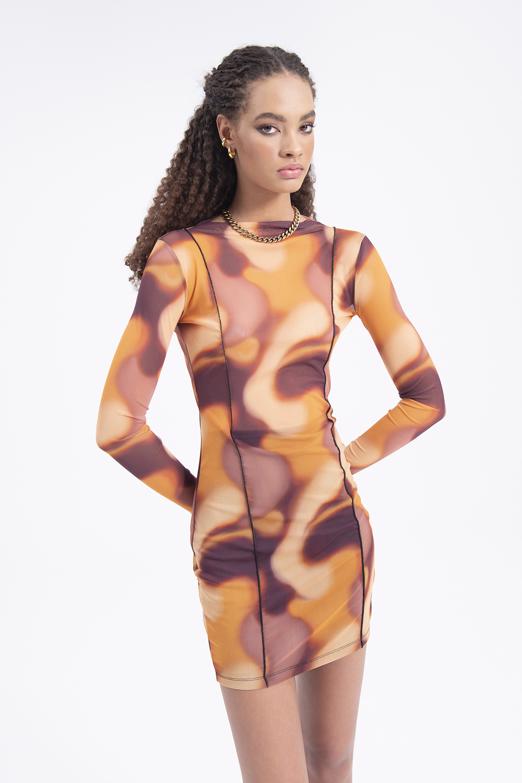 Bayan Multı Tül Desenli Mini Elbise - BSL