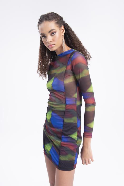 Bayan Siyah Tül Desenli Mini Elbise - BSL