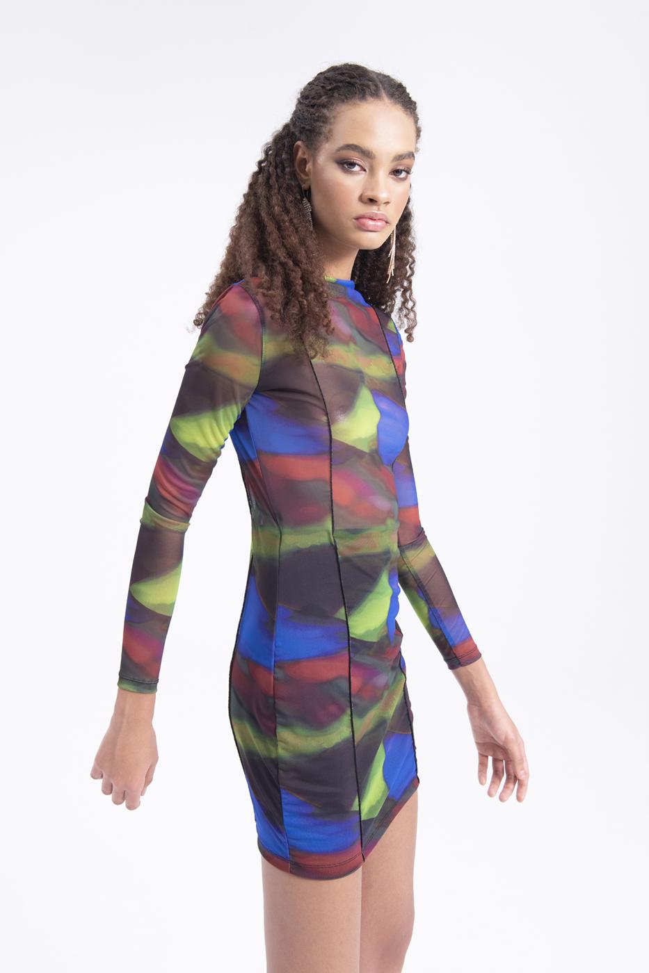 Bayan Siyah Tül Desenli Mini Elbise