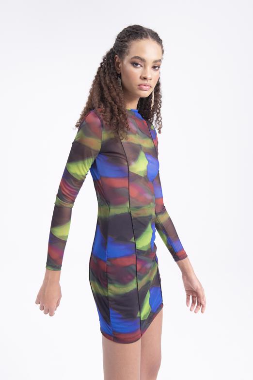 Bayan Siyah Tül Desenli Mini Elbise - BSL