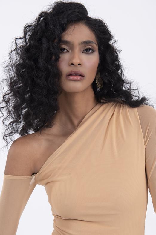 Bayan Bej Tek Omuz Dekolteli Tül Bodysuit - BSL