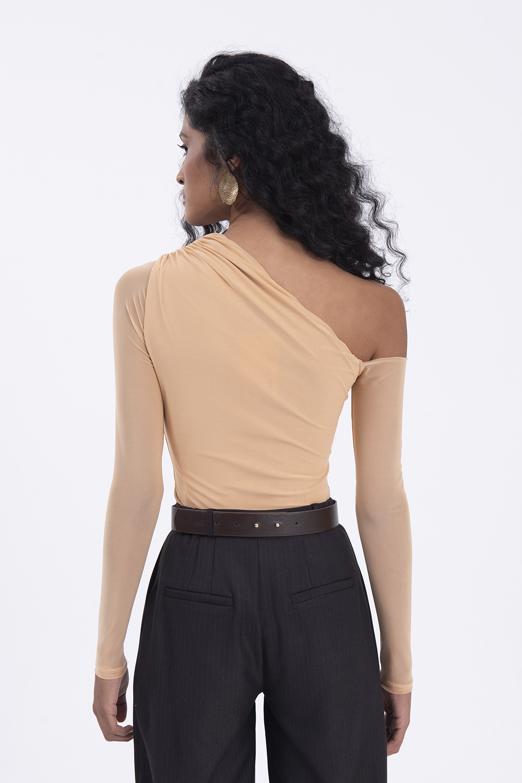 Bayan Bej Tek Omuz Dekolteli Tül Bodysuit - BSL