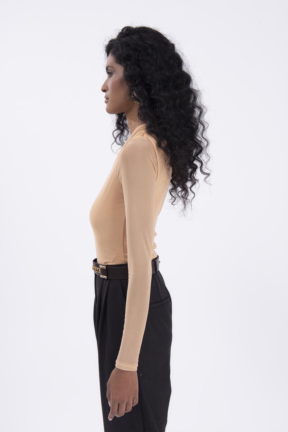 Bayan Bej Tek Omuz Dekolteli Tül Bodysuit