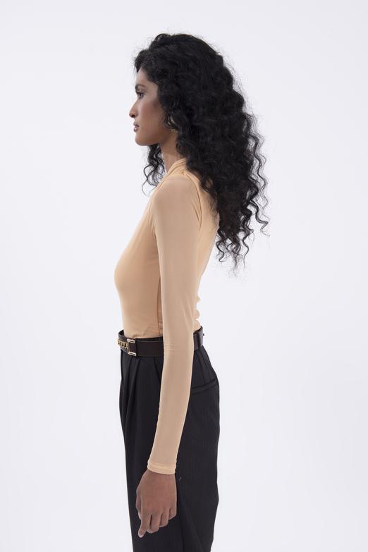 Bayan Bej Tek Omuz Dekolteli Tül Bodysuit - BSL