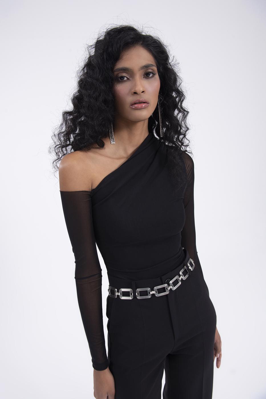 Bayan Siyah Tek Omuz Dekolteli Tül Bodysuit