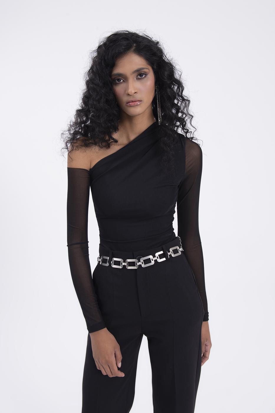 Bayan Siyah Tek Omuz Dekolteli Tül Bodysuit