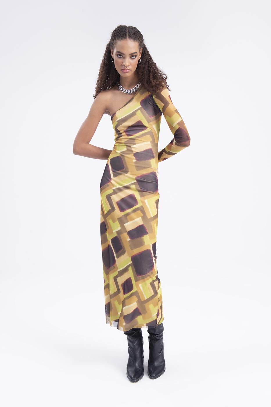 Bayan Yeşil Tek Omuz Desenli Midi Tül Elbise