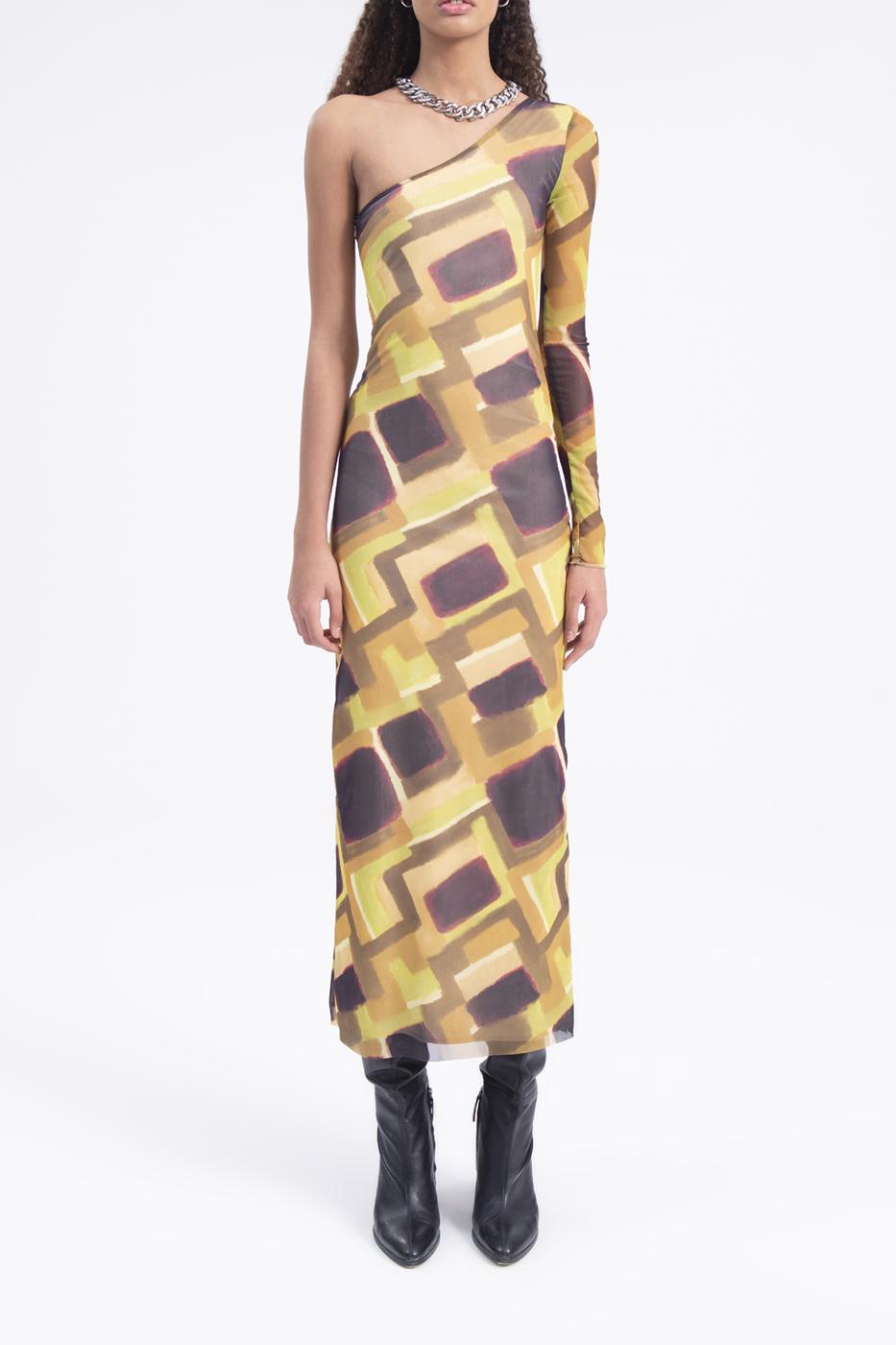 Bayan Yeşil Tek Omuz Desenli Midi Tül Elbise