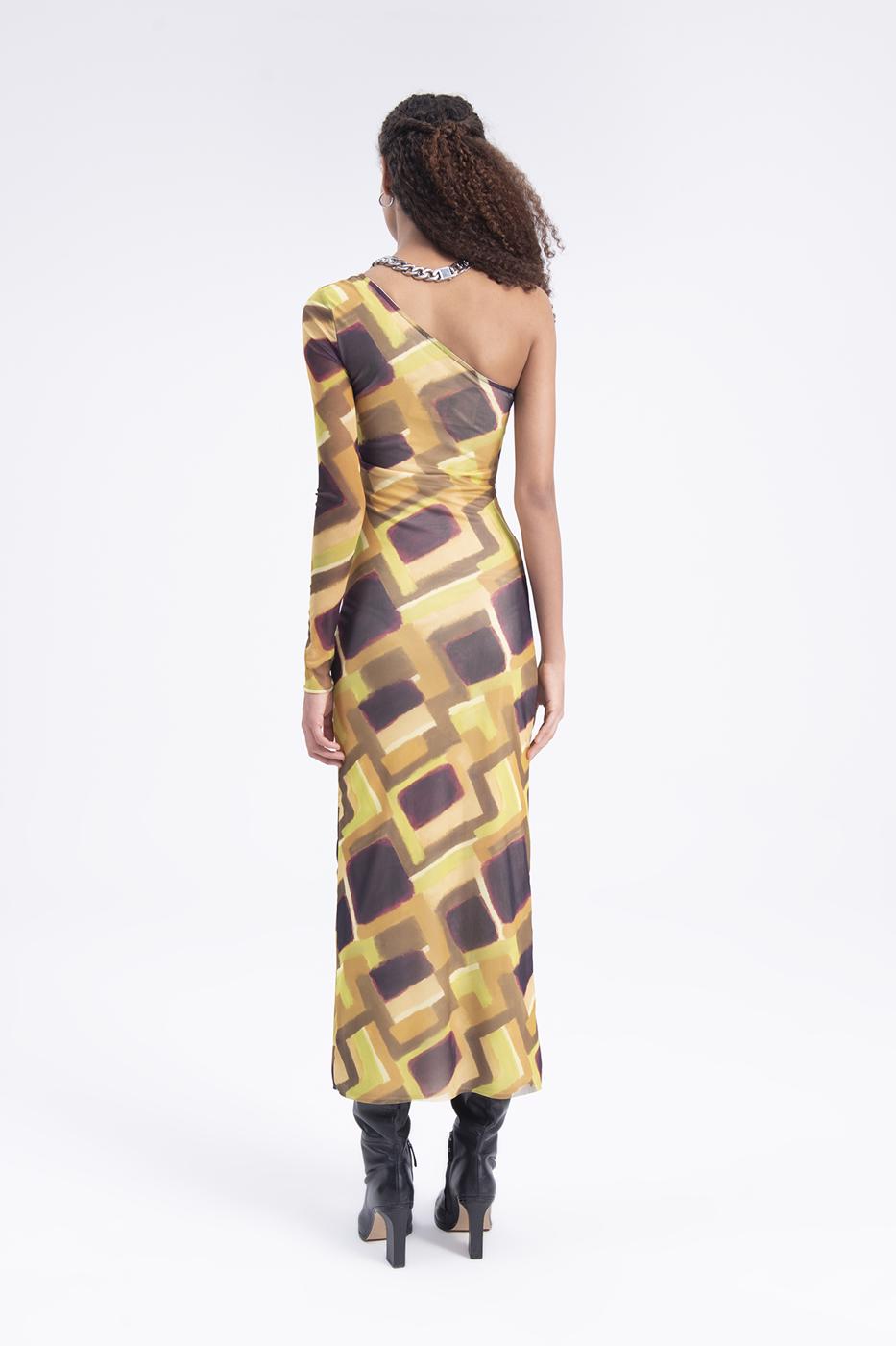 Bayan Yeşil Tek Omuz Desenli Midi Tül Elbise