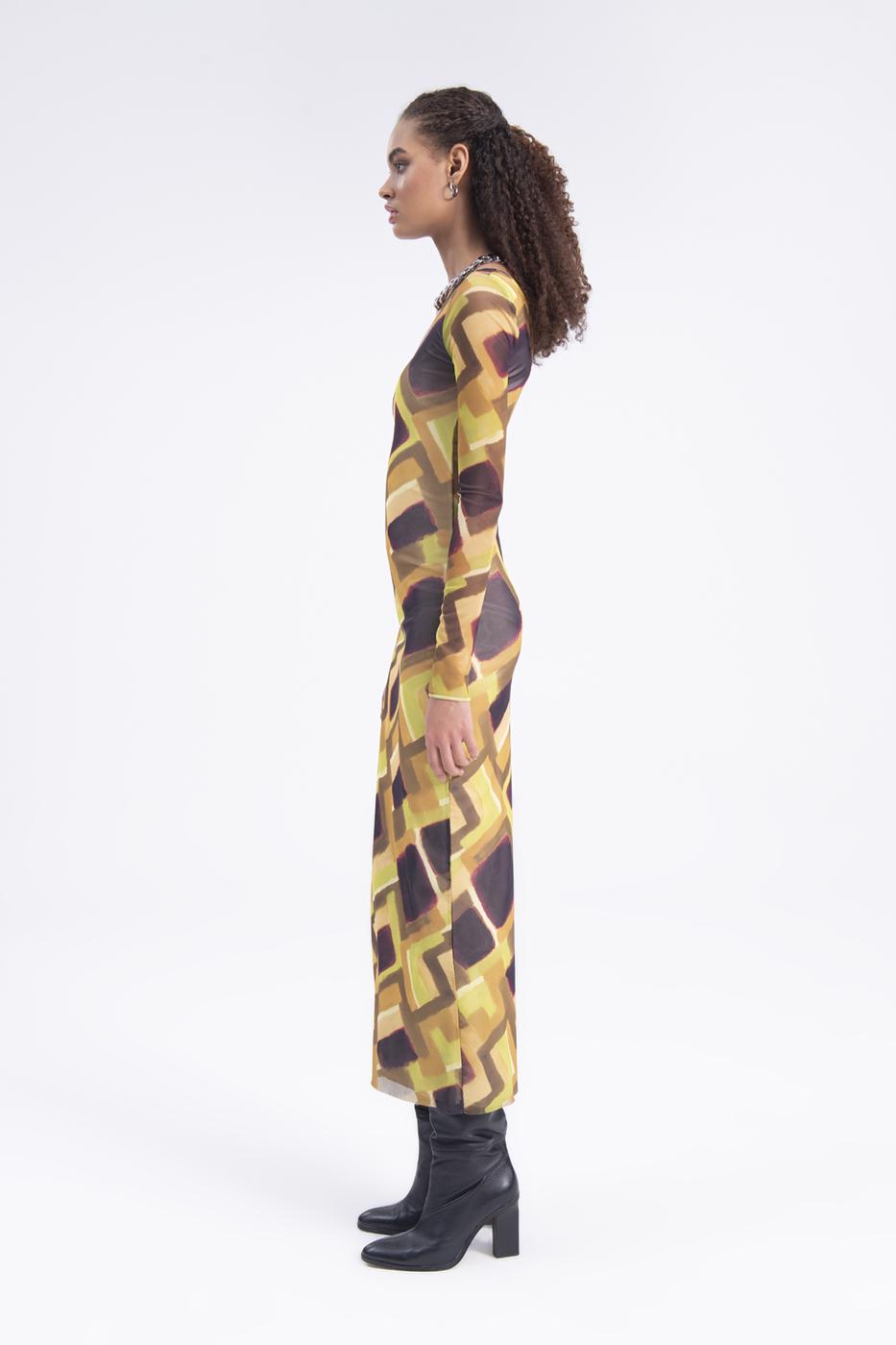 Bayan Yeşil Tek Omuz Desenli Midi Tül Elbise