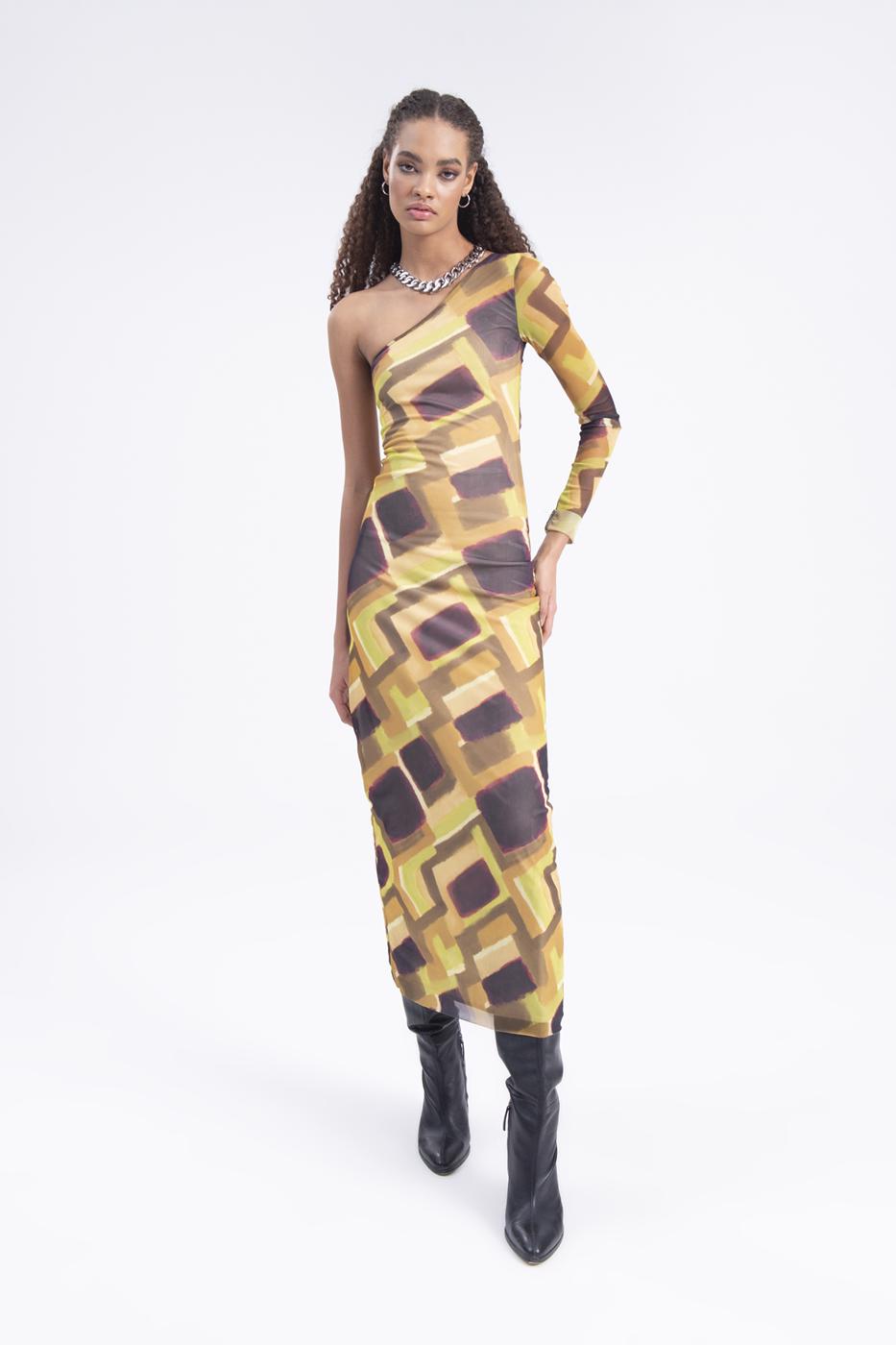 Bayan Yeşil Tek Omuz Desenli Midi Tül Elbise