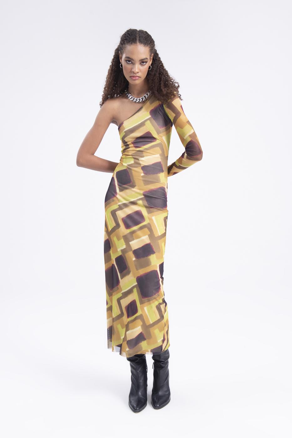 Bayan Yeşil Tek Omuz Desenli Midi Tül Elbise