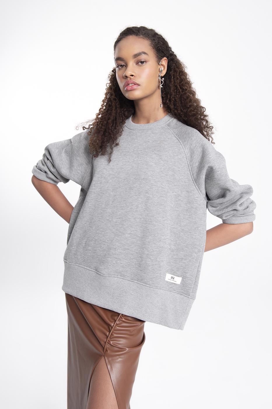 Bayan Gri Bisiklet Yaka Basit Sweatshırt