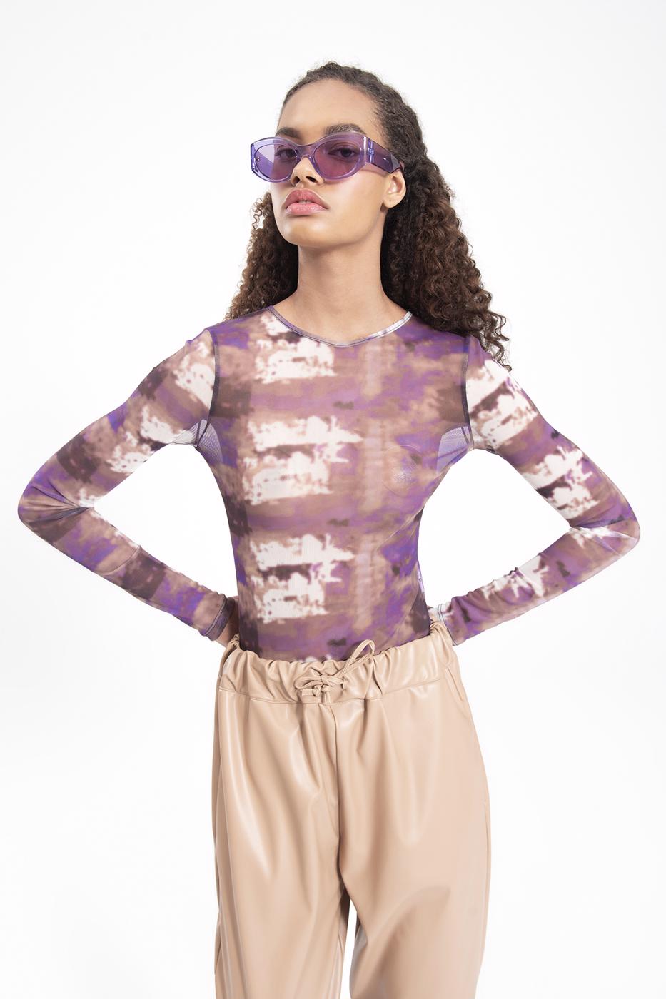 Bayan Mor Tül Bodysuit