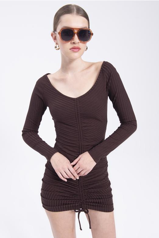 Bayan Kahverengi Drapeli Mini Elbise - BSL