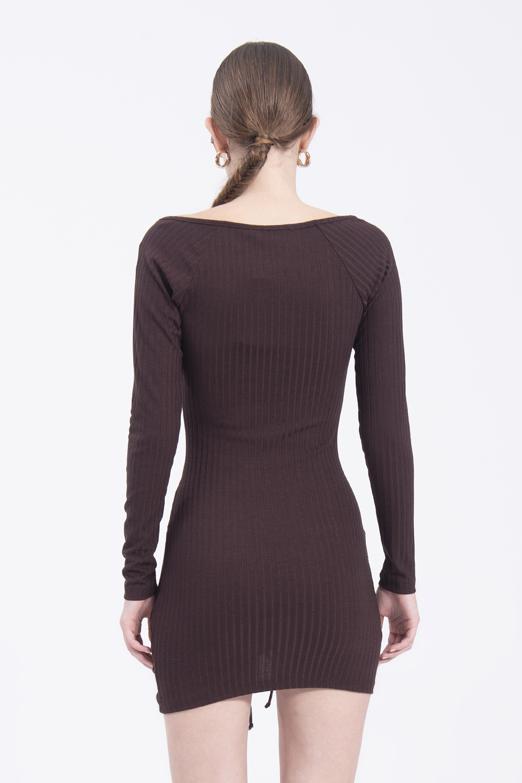 Bayan Kahverengi Drapeli Mini Elbise - BSL