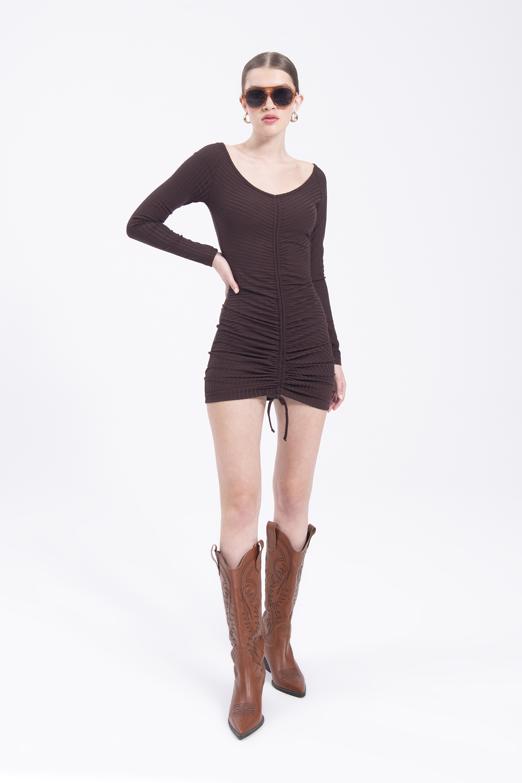 Bayan Kahverengi Drapeli Mini Elbise - BSL