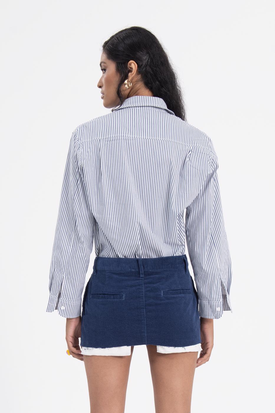 Bayan Mavi Düşük Bel Pileli Kadife Mini Etek