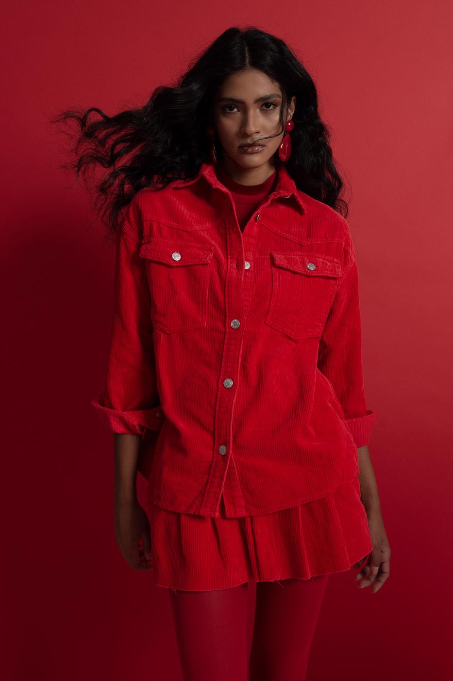 Bayan Kırmızı Düşük Bel Pileli Kadife Mini Etek