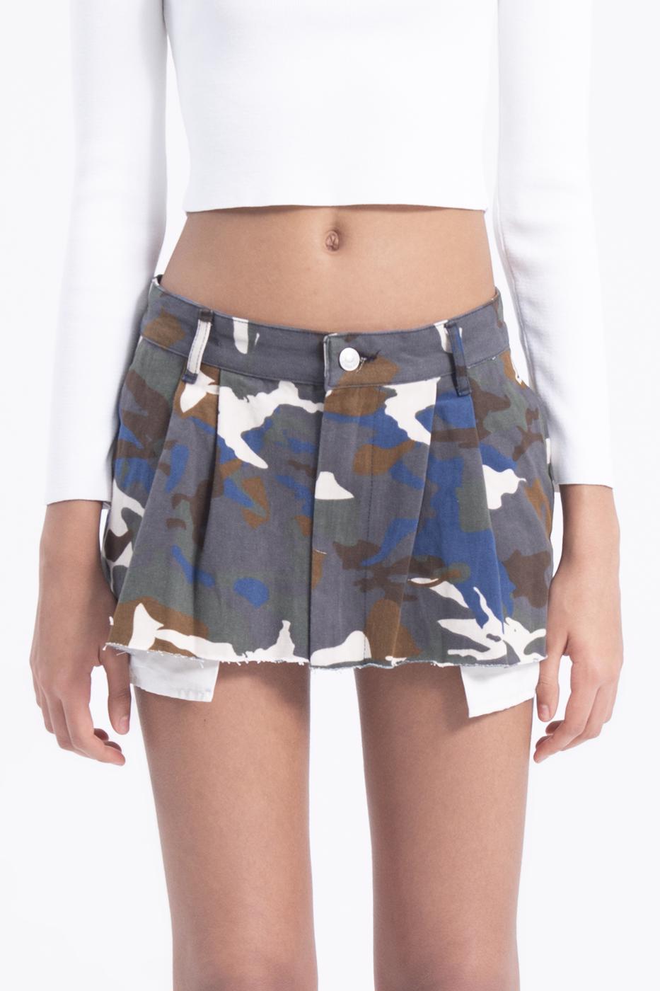 Bayan Haki Düşük Bel Pileli Kamuflaj Mini Etek