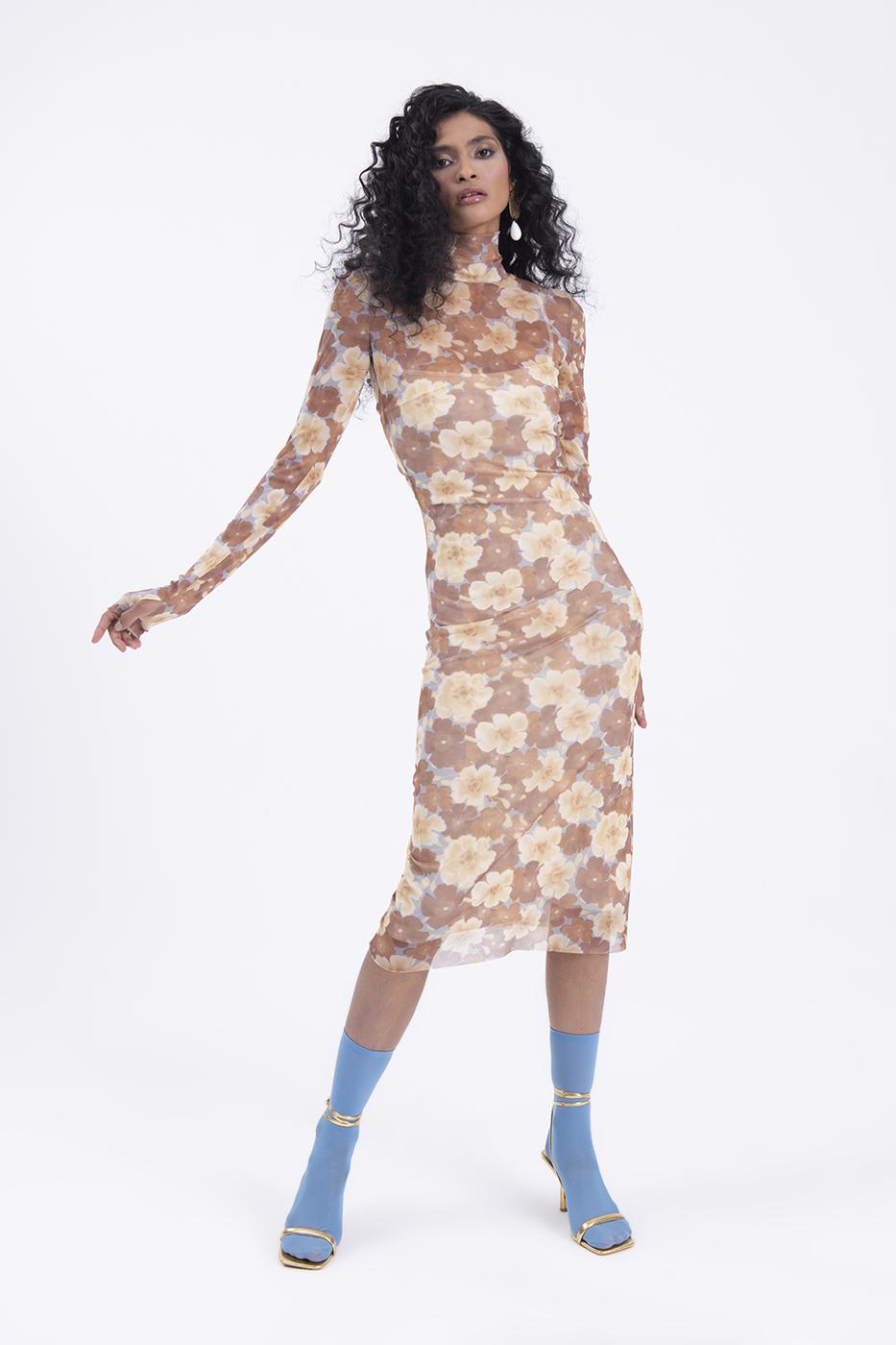 Bayan Kiremit Dik Yaka Detaylı Tül Midi Elbise