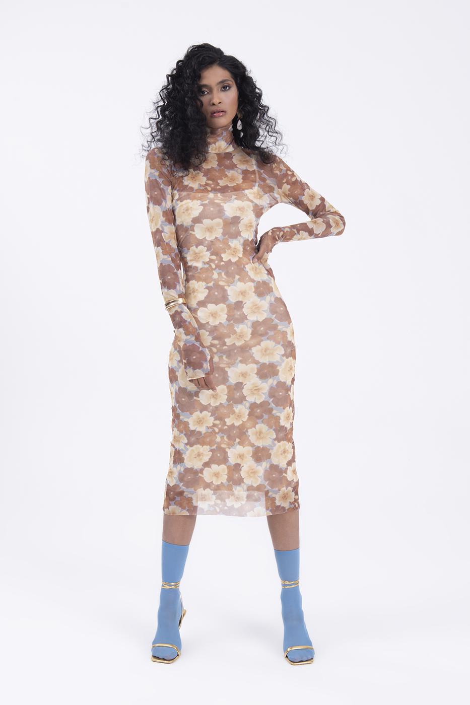 Bayan Kiremit Dik Yaka Detaylı Tül Midi Elbise