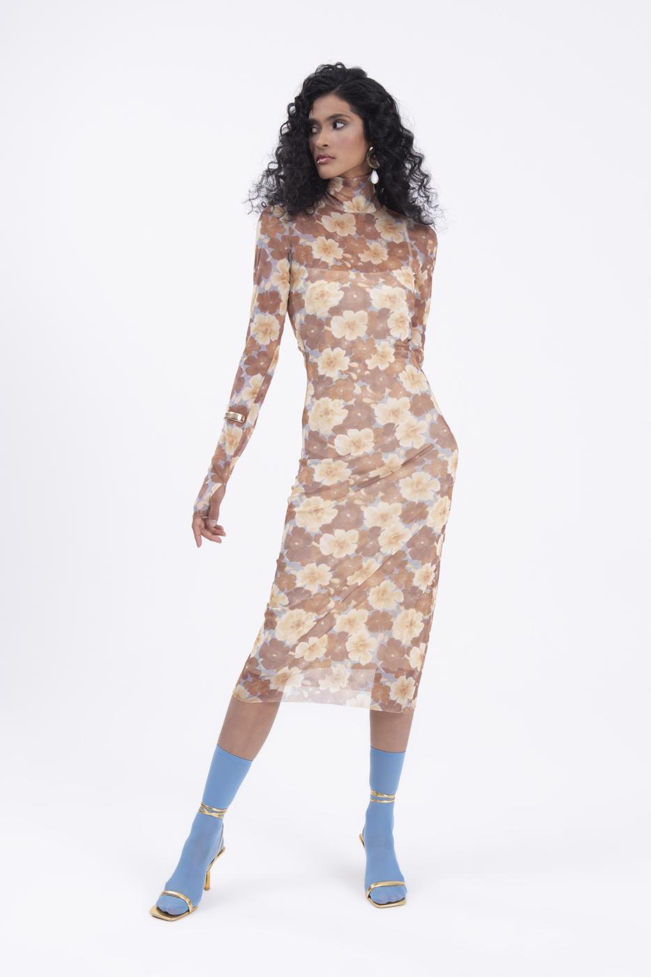 Bayan Kiremit Dik Yaka Detaylı Tül Midi Elbise