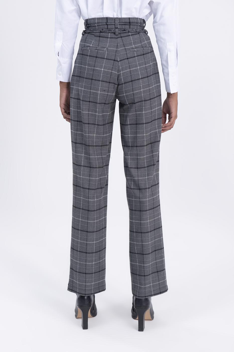 Bayan Gri Yüksek Bel Ekoseli Kumaş Pantolon