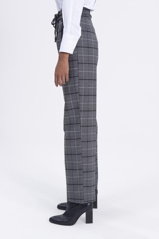 Bayan Gri Yüksek Bel Ekoseli Kumaş Pantolon - BSL