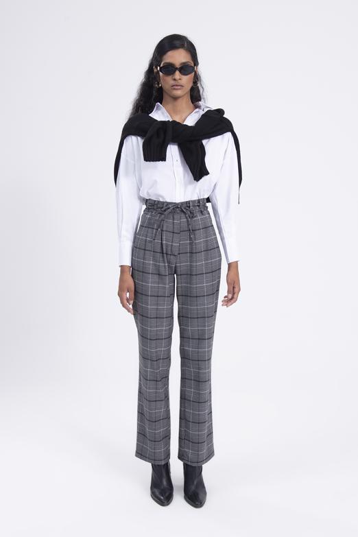 Bayan Gri Yüksek Bel Ekoseli Kumaş Pantolon - BSL