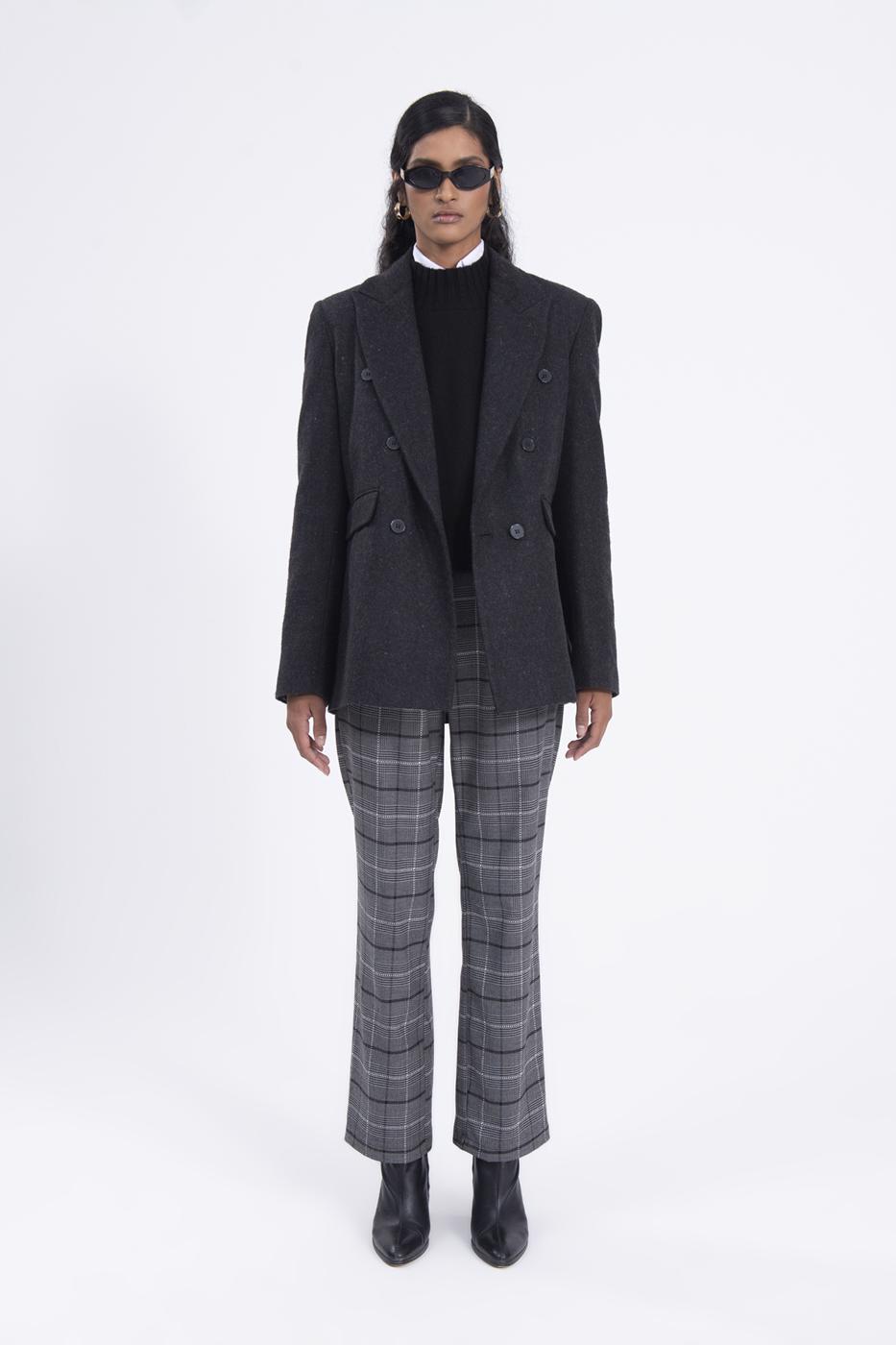 Bayan Gri Yüksek Bel Ekoseli Kumaş Pantolon