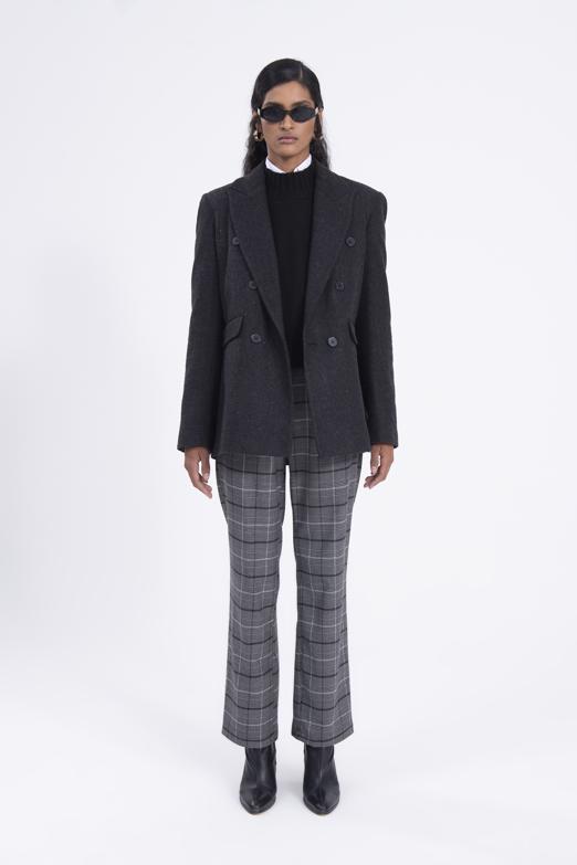 Bayan Gri Yüksek Bel Ekoseli Kumaş Pantolon - BSL