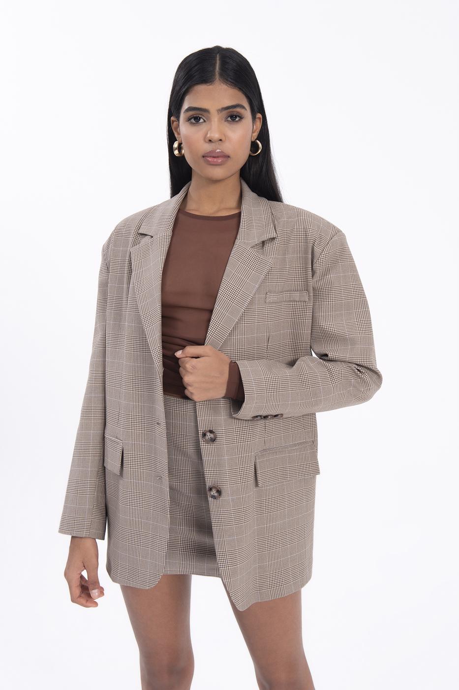 Bayan Bej Ekoseli Blazer Ceket