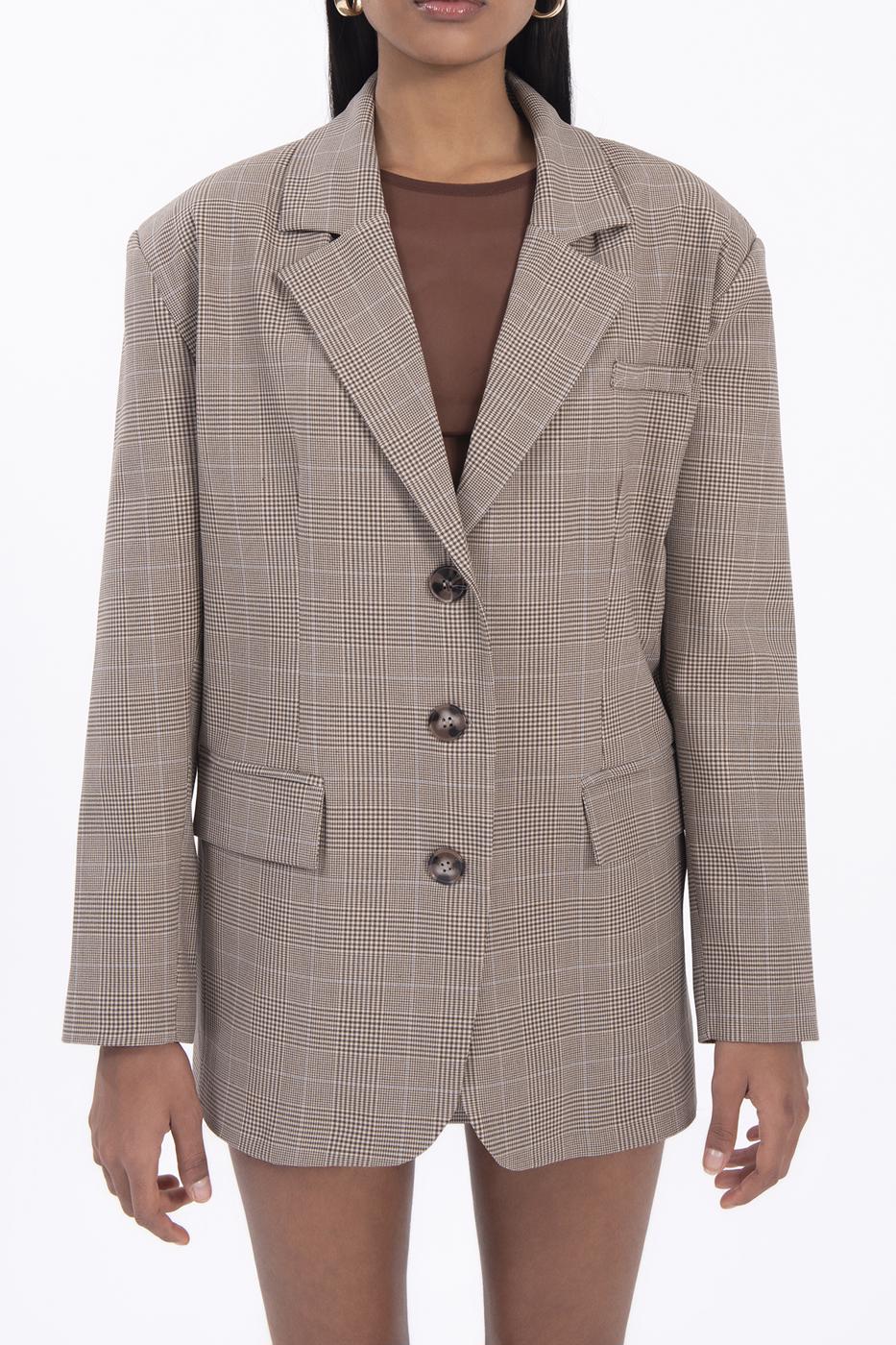 Bayan Bej Ekoseli Blazer Ceket