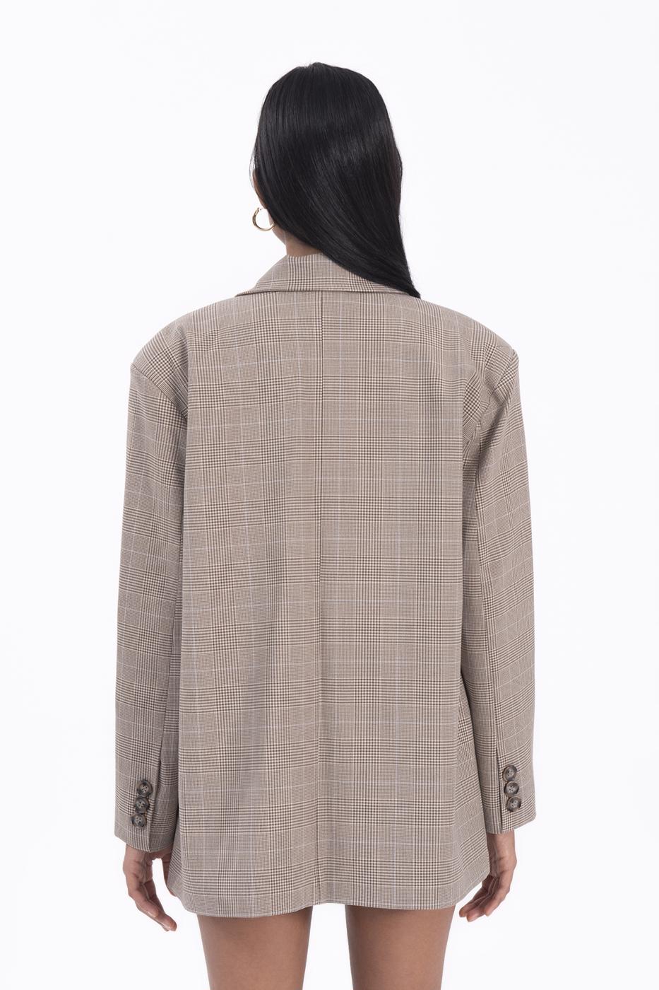 Bayan Bej Ekoseli Blazer Ceket